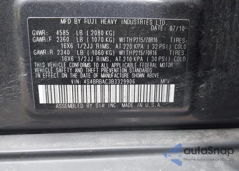 2011 Subaru Outback 2.5I from USA, damaged, VIN 4S4BRBAC3B3329906